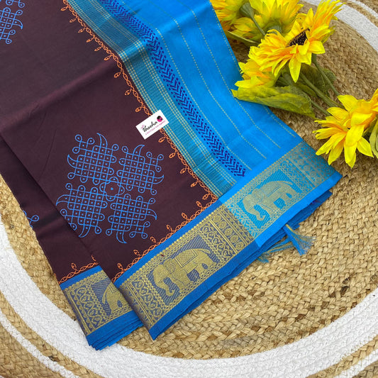 Pure Printed Silk Cotton Sarees - Kolam Print - Brown with Blue - VVPSC003