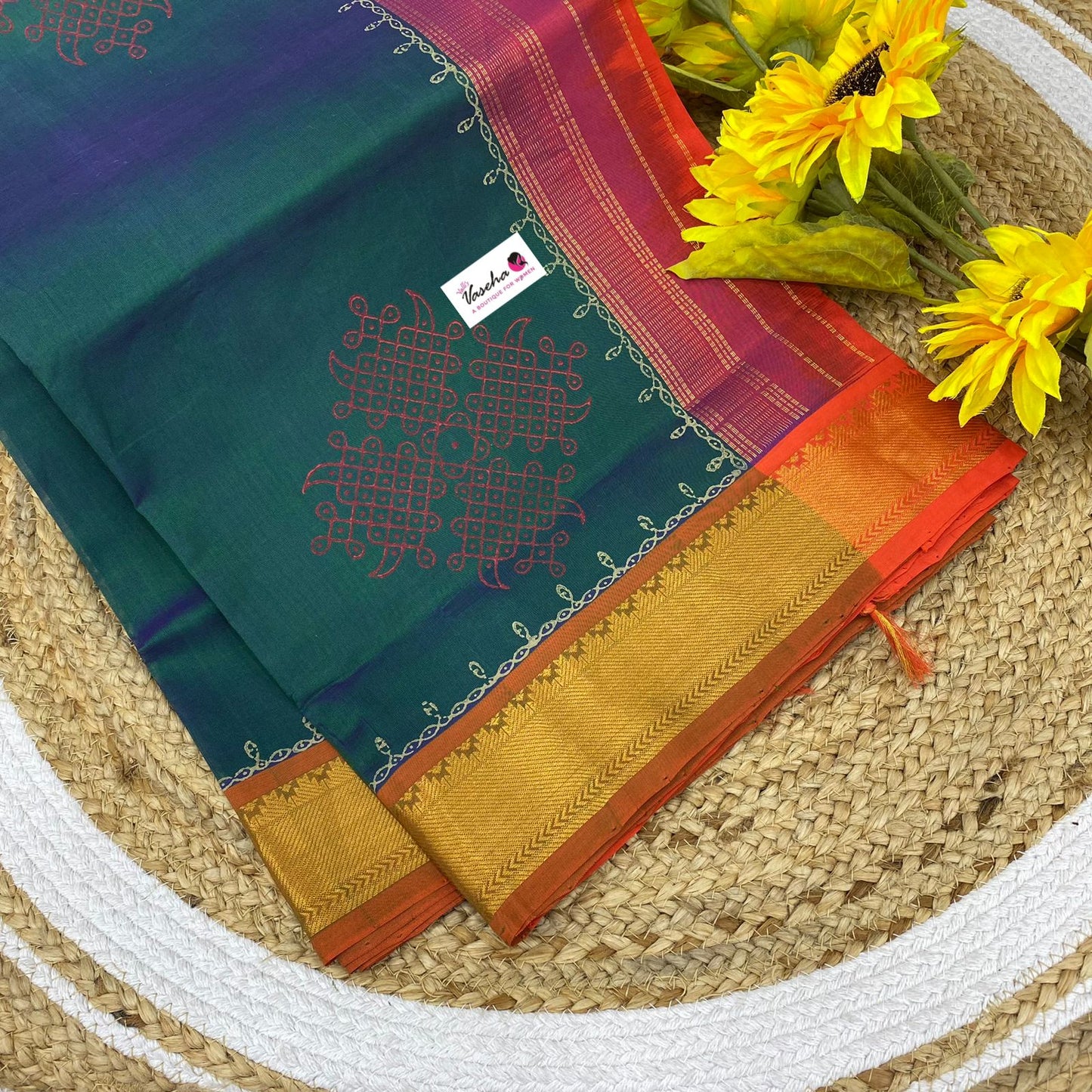 Pure Printed Silk Cotton Sarees - Double tone Green with Orange  - VVPSC003