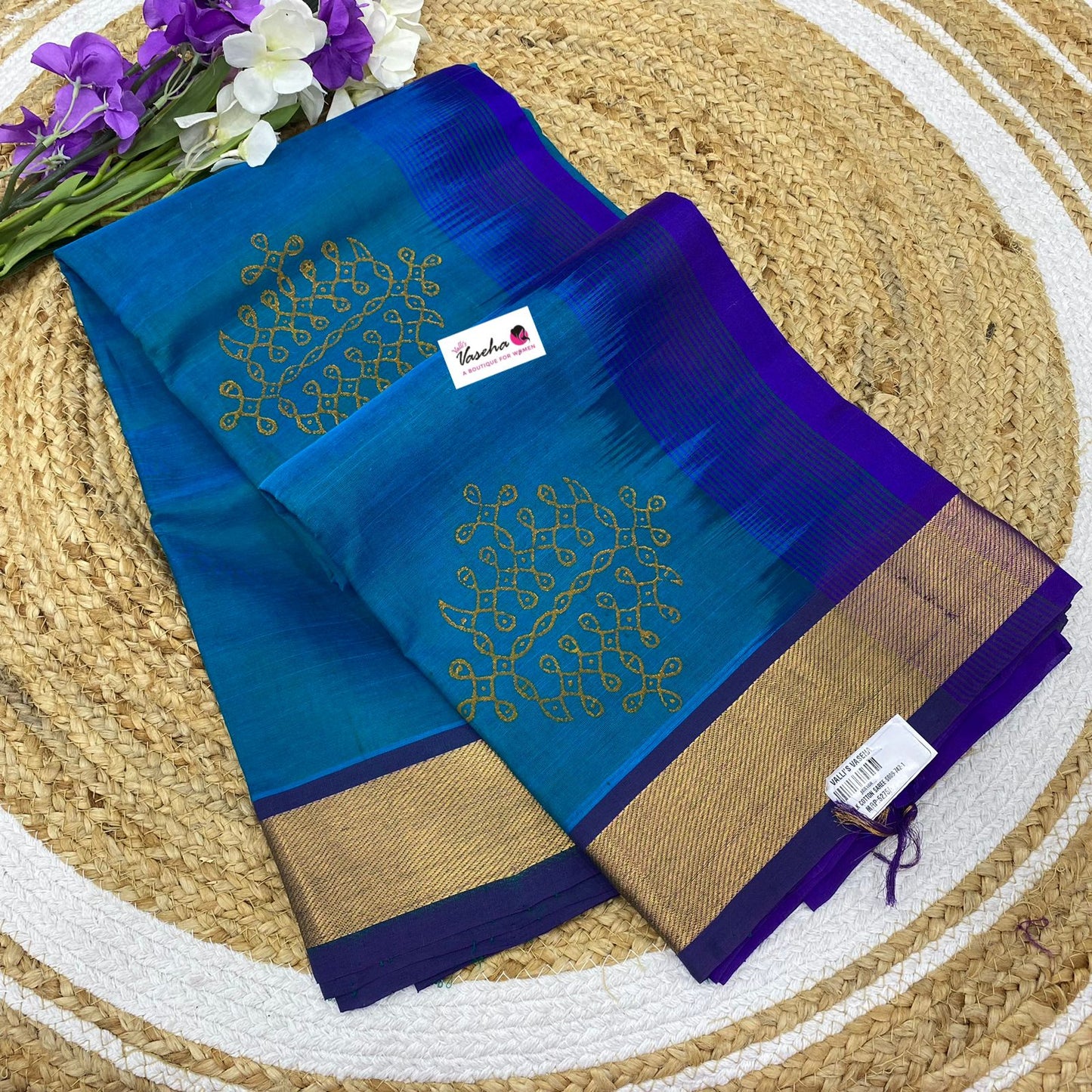 Pure Printed Silk Cotton Sarees - Kolam Print - Blue with Violetish Blue - VVPSC004