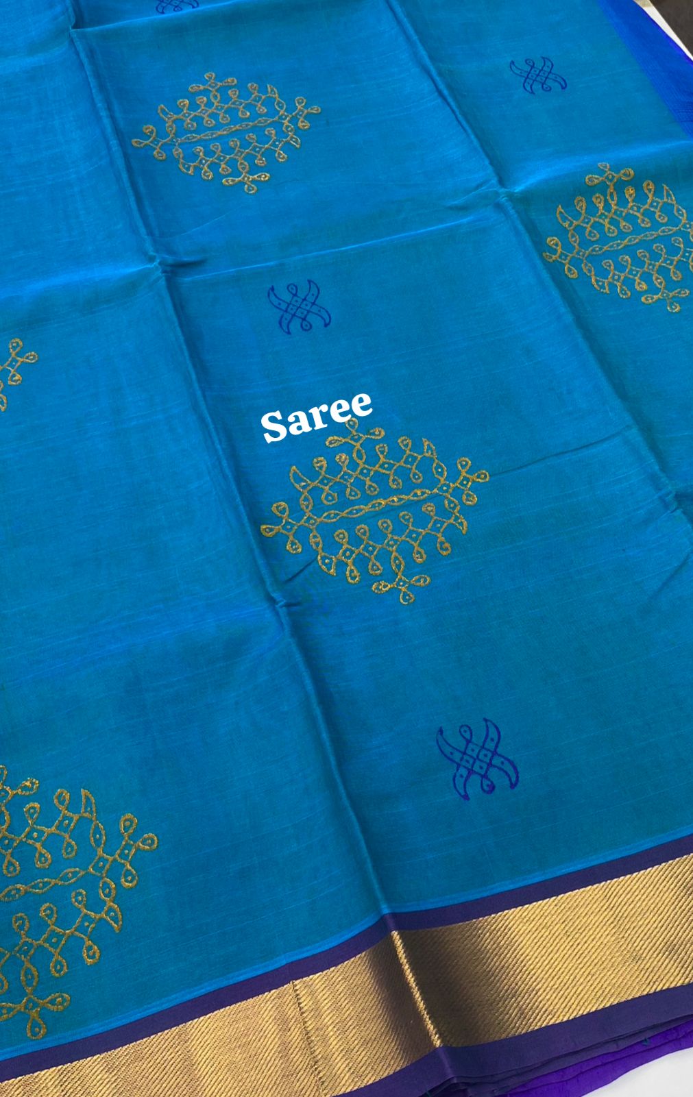 Pure Printed Silk Cotton Sarees - Kolam Print - Blue with Violetish Blue - VVPSC004