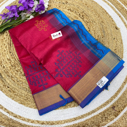 Pure Printed Silk Cotton Sarees - Kolam Print - Peachish Red with Blue - VVPSC004