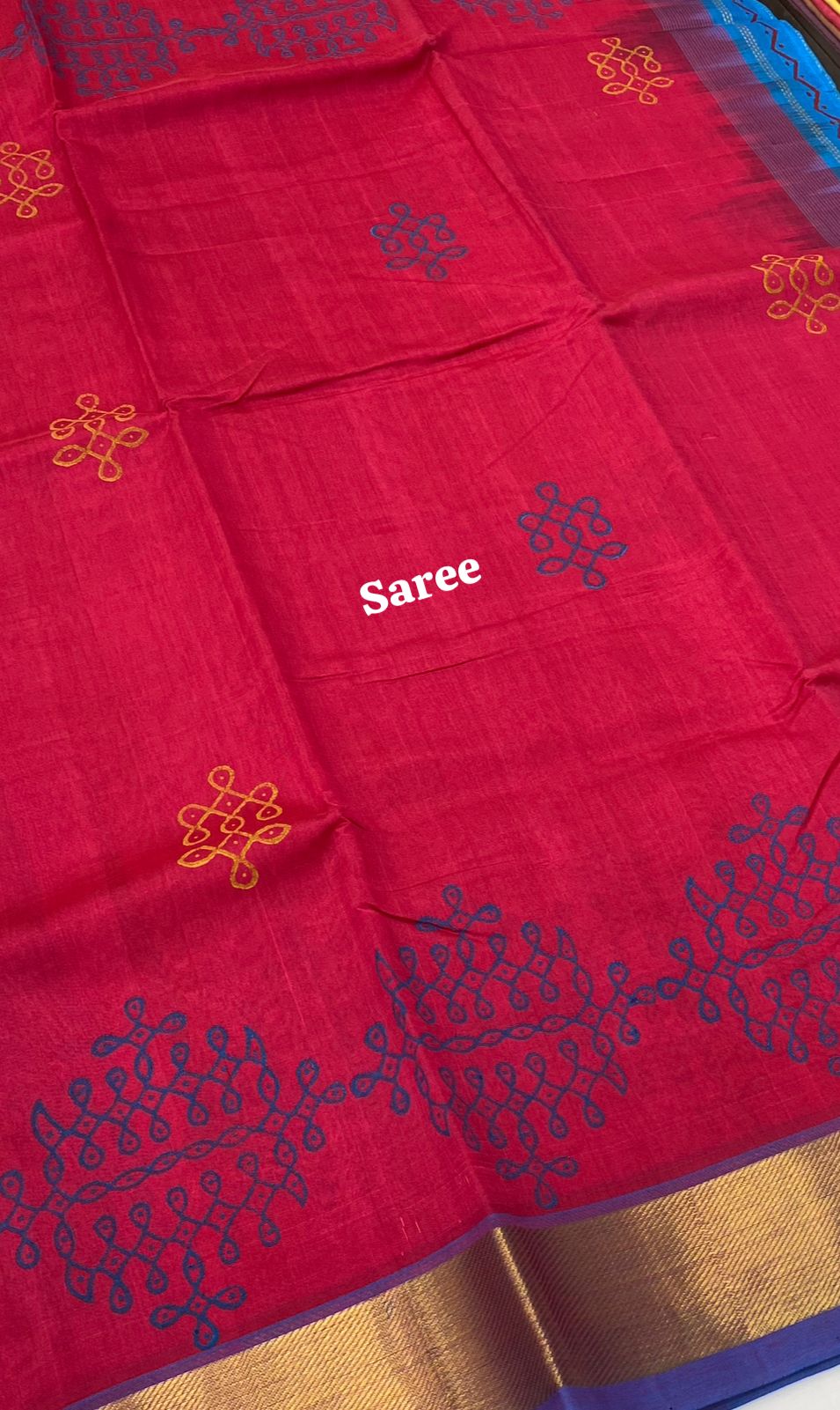 Pure Printed Silk Cotton Sarees - Kolam Print - Peachish Red with Blue - VVPSC004