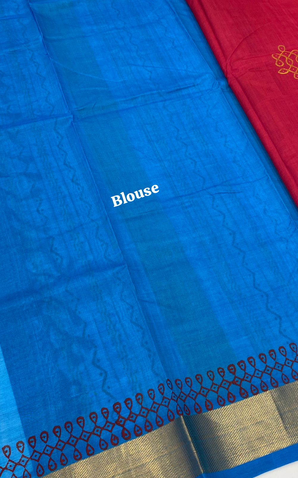 Pure Printed Silk Cotton Sarees - Kolam Print - Peachish Red with Blue - VVPSC004