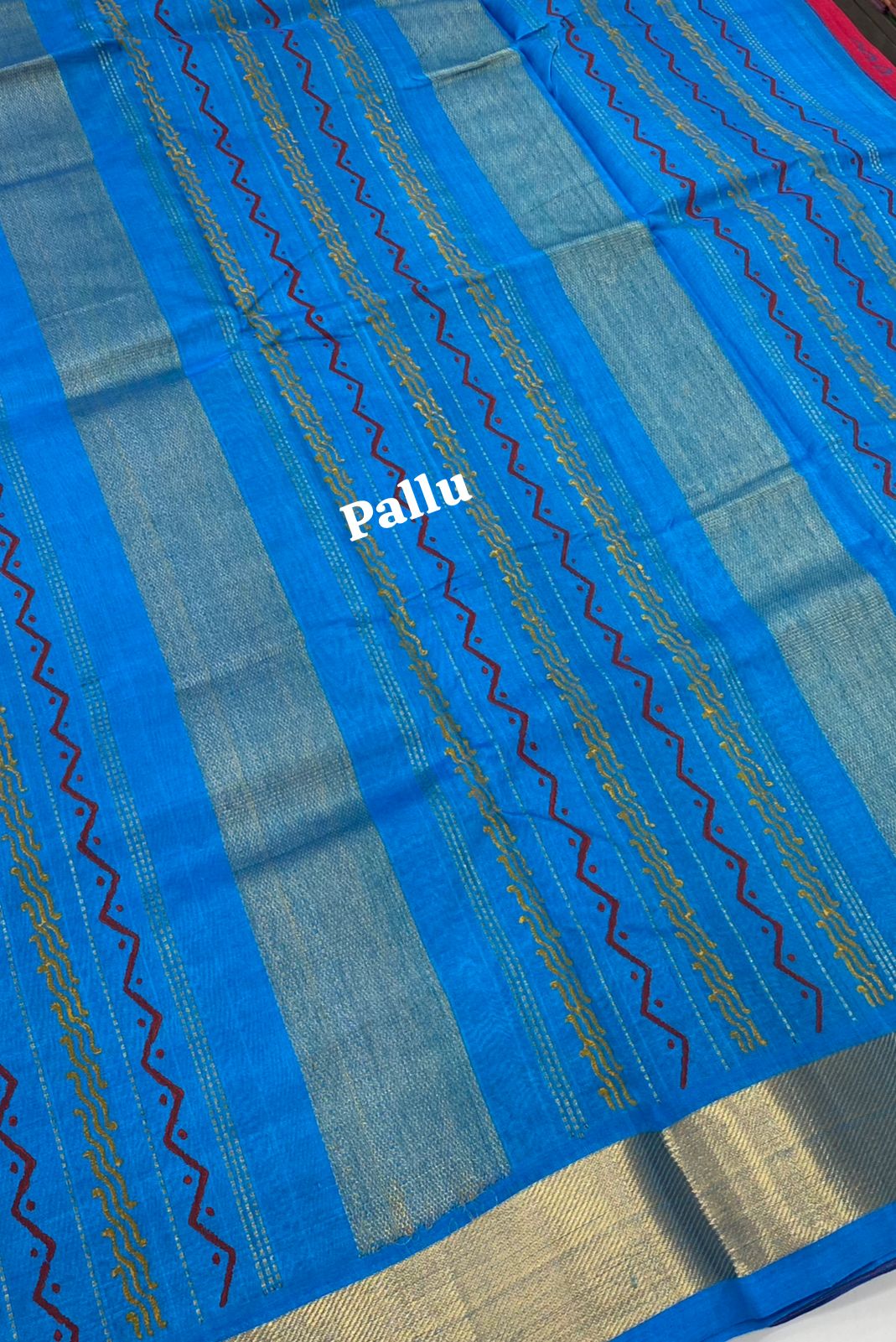 Pure Printed Silk Cotton Sarees - Kolam Print - Peachish Red with Blue - VVPSC004