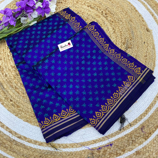 Pure Printed Silk Cotton Sarees - Blue with Violetish Blue - VVPSC001