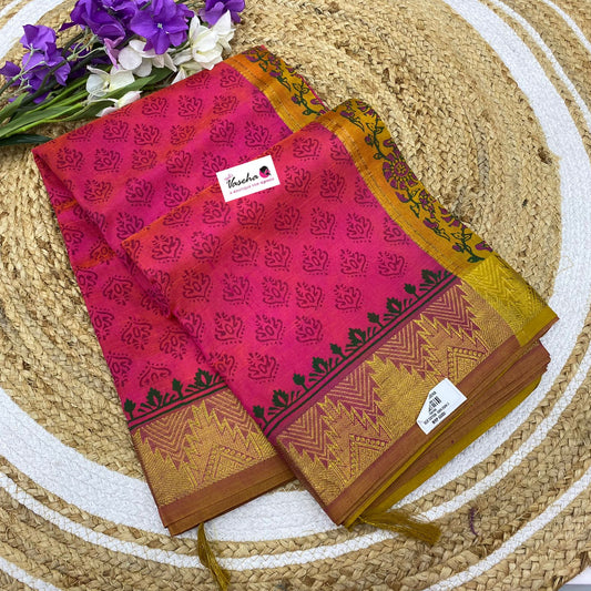 Pure Printed Silk Cotton Sarees - Peachish Pink with Mustard Yellow - VVPSC004