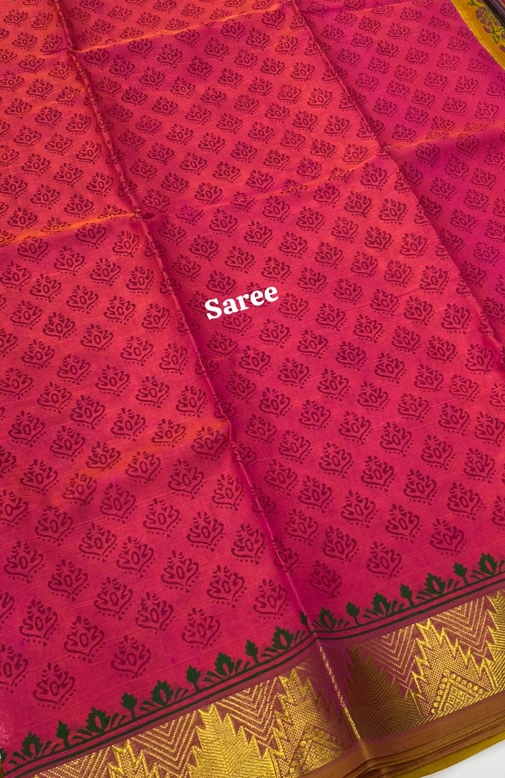 Pure Printed Silk Cotton Sarees - Peachish Pink with Mustard Yellow - VVPSC004