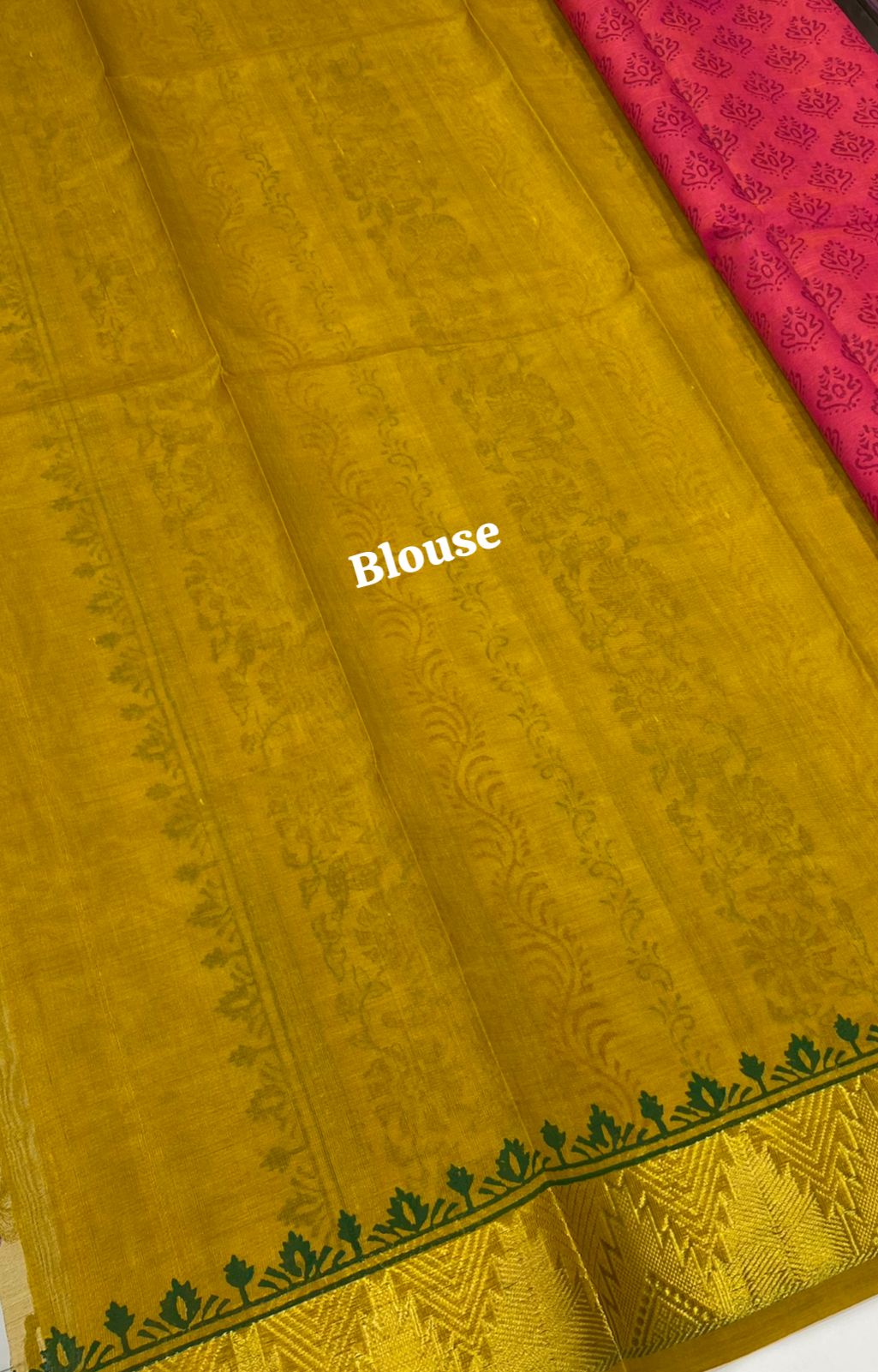 Pure Printed Silk Cotton Sarees - Peachish Pink with Mustard Yellow - VVPSC004