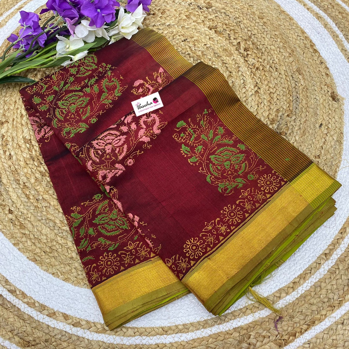 Pure Printed Silk Cotton Sarees - Merun with Green - VVPSC002