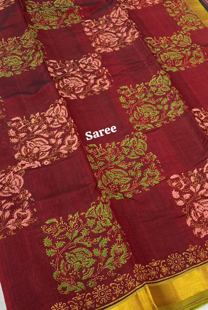 Pure Printed Silk Cotton Sarees - Merun with Green - VVPSC002