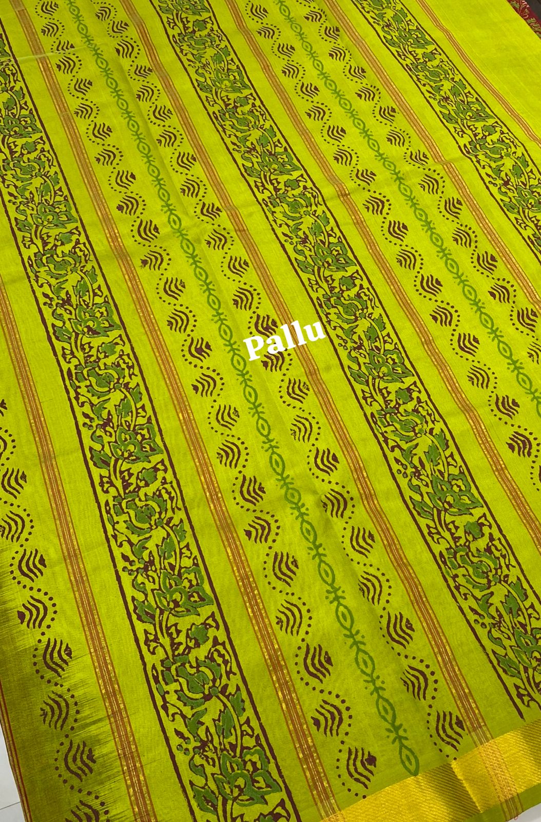 Pure Printed Silk Cotton Sarees - Merun with Green - VVPSC002