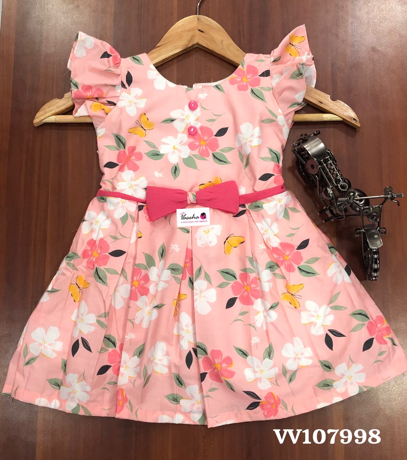 Kids Wear - Light Peach Floral  - Casual Girls Dress - VVKW004