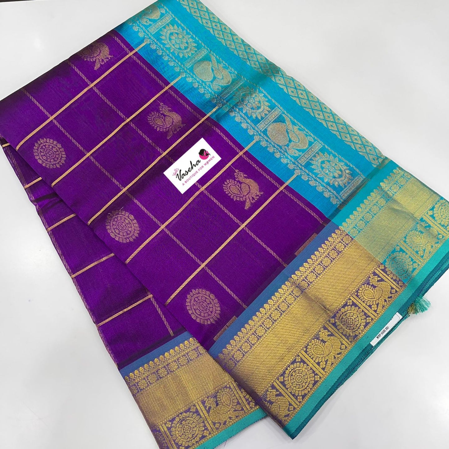 Pure Silk Cotton Saree - Mayil & Chakkaram Design - Purple with Turquoise Blue - VVMC001