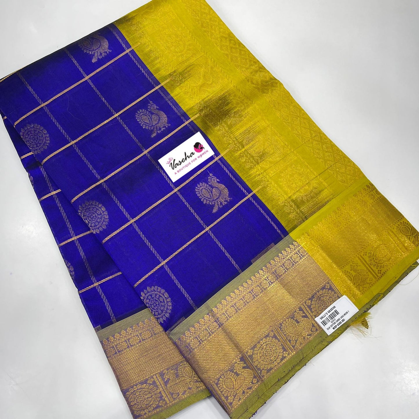 Pure Silk Cotton Saree - Mayil & Chakkaram Design - Blue & Lemon Yellow - VVMC001