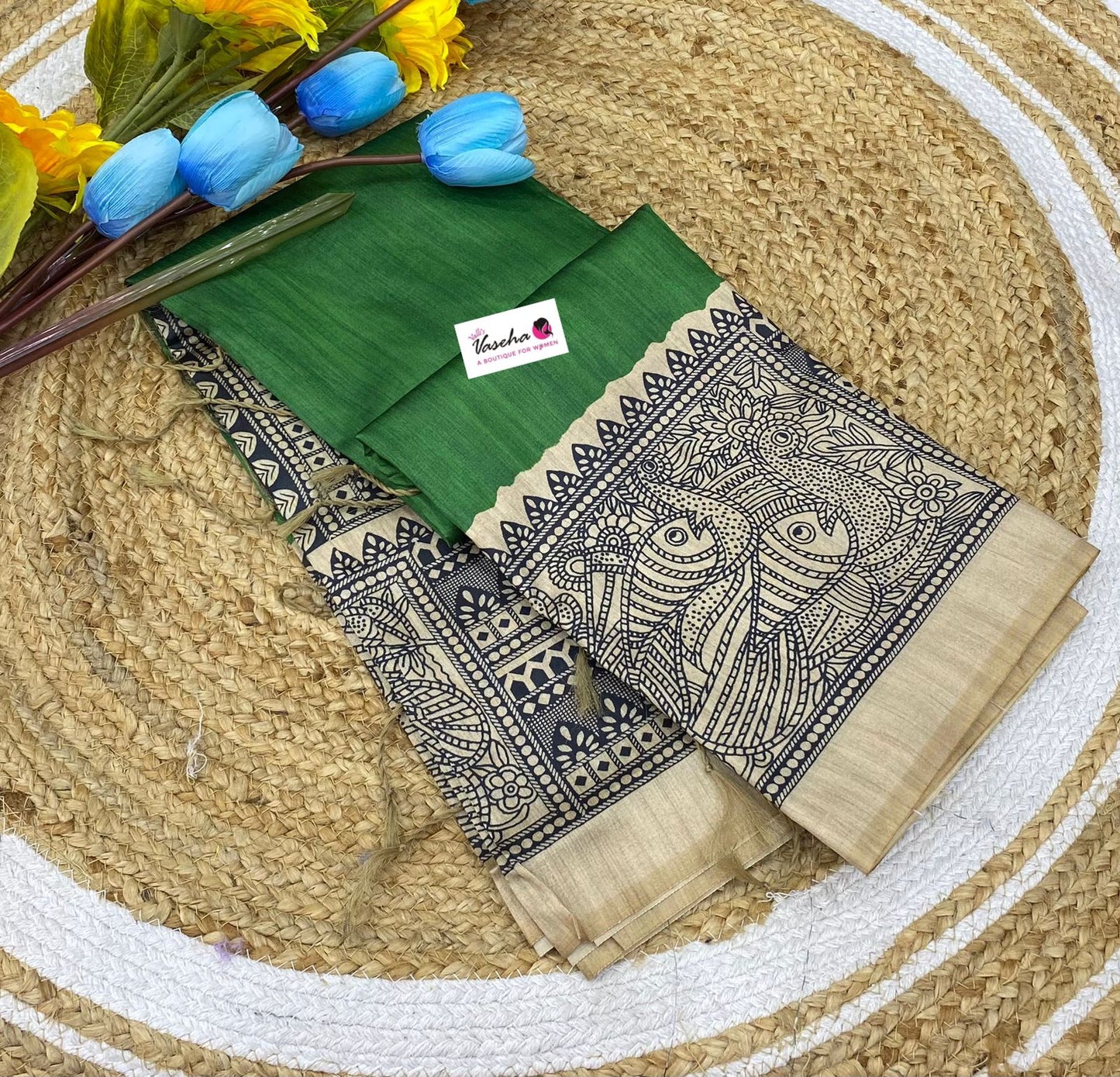 Semi Tussar Saree with Madhubani Prints - Green - VVST002