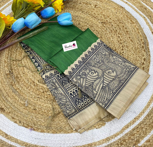 Semi Tussar Saree with Madhubani Prints - Green - VVST002