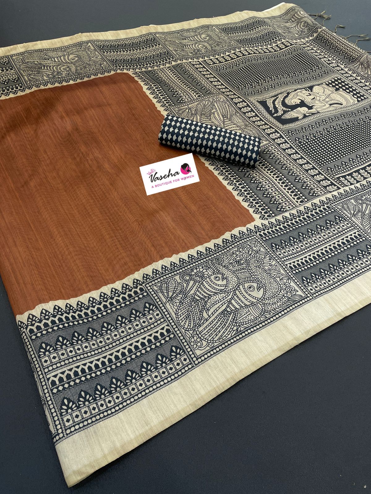 Semi Tussar Saree with Madhubani Prints - Brown - VVST002