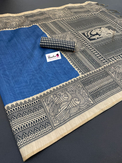 Semi Tussar Saree with Madhubani Prints - Blue - VVST002