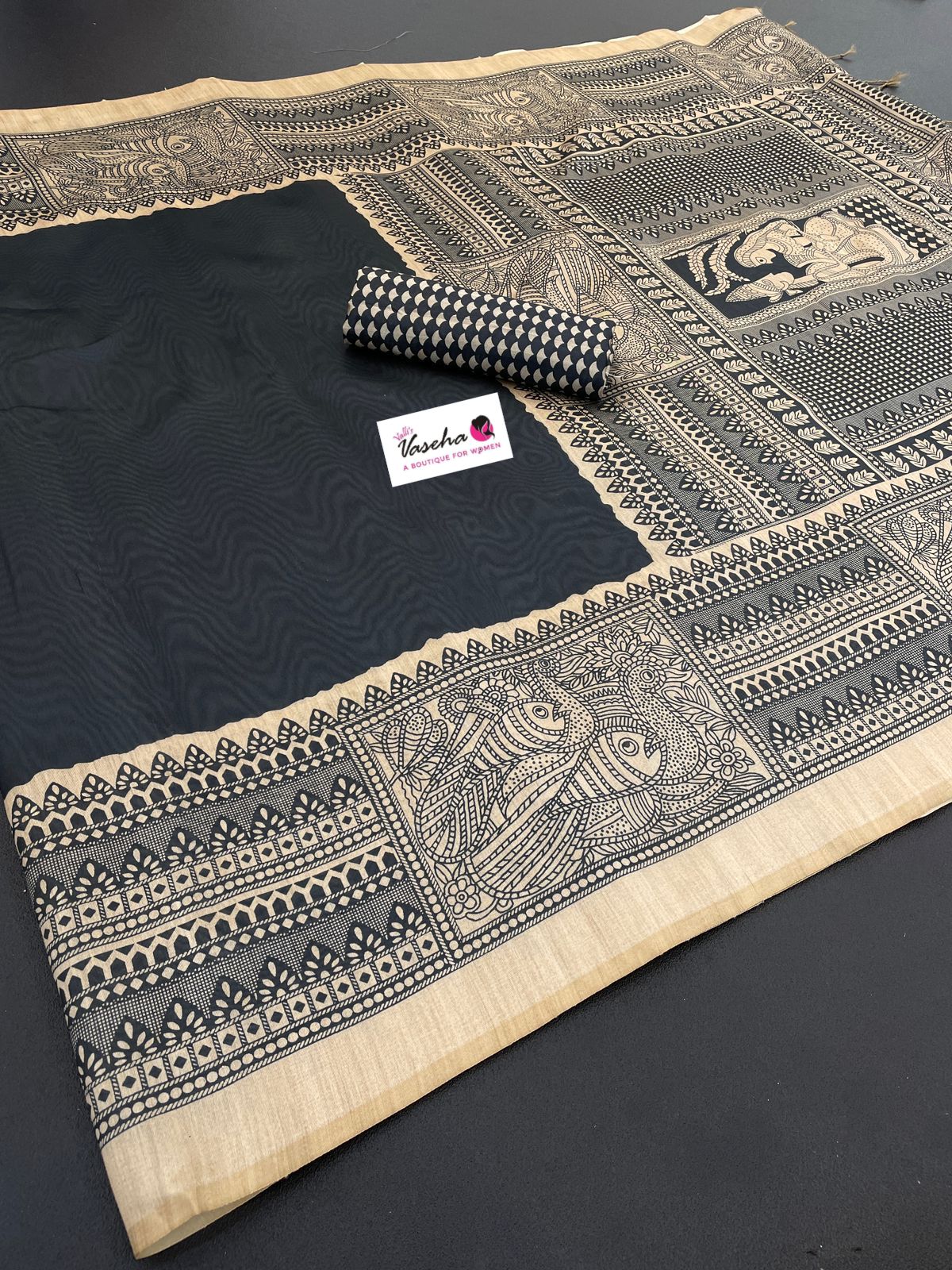 Semi Tussar Saree with Madhubani Prints - Black - VVST002