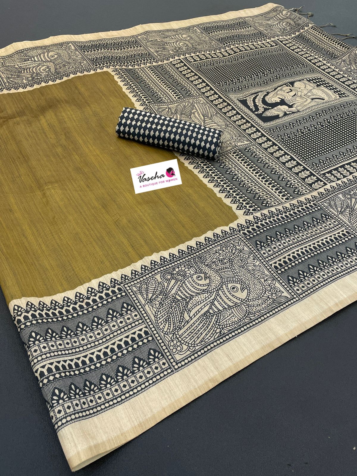 Semi Tussar Saree with Madhubani Prints - Mehandhi Green - VVST002