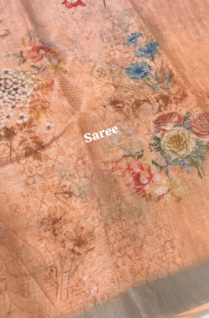 Floral Linen Cotton Saree - Orange Shade