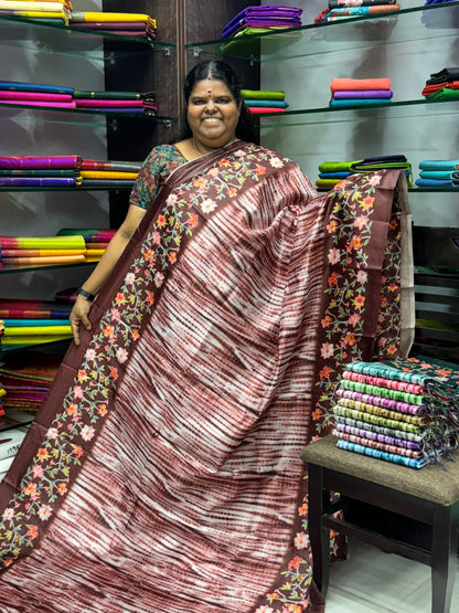 Shibori Semi Chanderi Mixed Cotton Sarees - Merunish Brown Shade - VVSC01