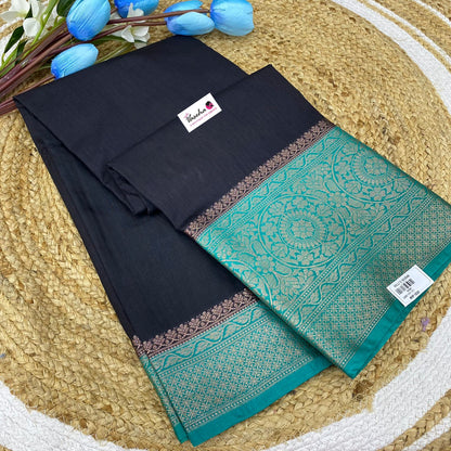 Semi Dupion Banarasi Semi Soft Silk - Black & Teal Greenish Blue - VVBDS01