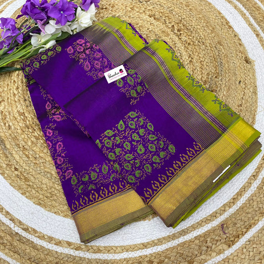 Pure Printed Silk Cotton Sarees - Purple with Green - VVPSC002