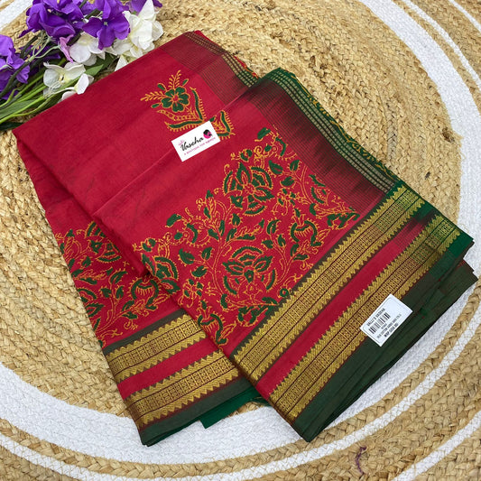 Pure Printed Silk Cotton Sarees - Merunish Red with Green - VVPSC004