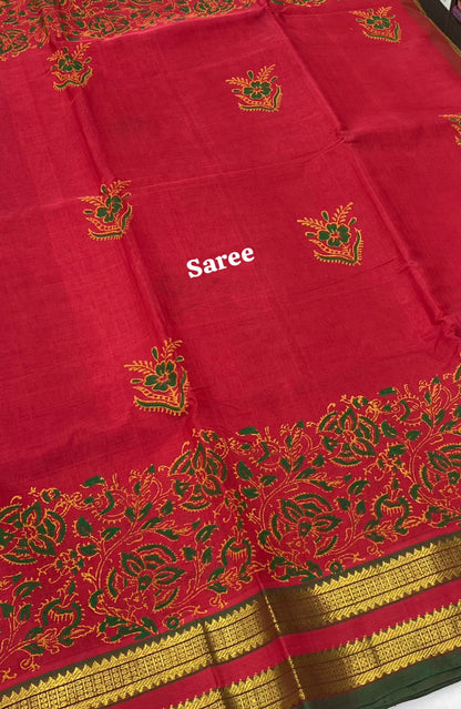 Pure Printed Silk Cotton Sarees - Merunish Red with Green - VVPSC004