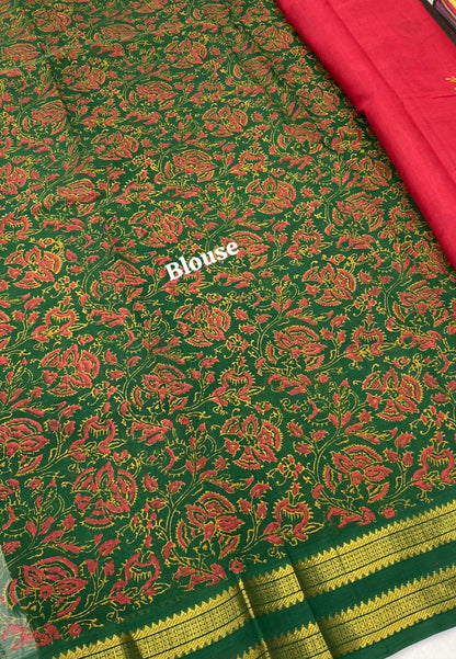 Pure Printed Silk Cotton Sarees - Merunish Red with Green - VVPSC004