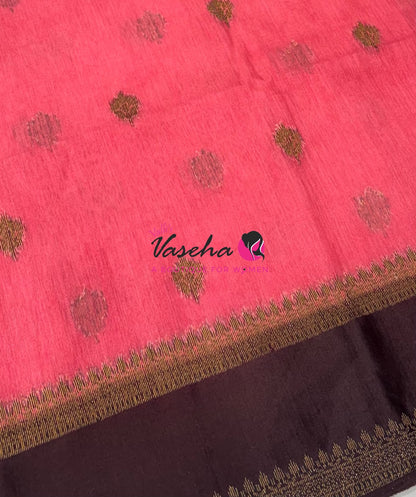 Linen Jute Silk Saree - Peach With Brown Shade - VVLJS001