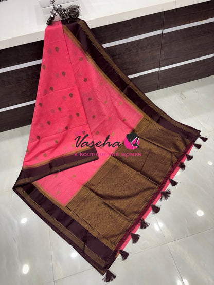 Linen Jute Silk Saree - Peach With Brown Shade - VVLJS001