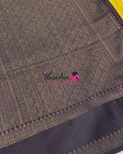 Linen Jute Silk Saree - Yellow With Black Shade - VVLJS001