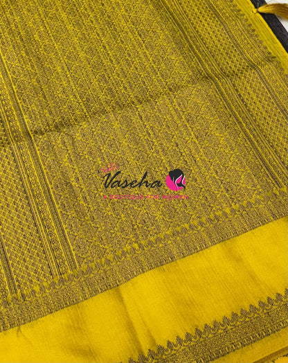 Linen Jute Silk Saree - Black  With Yellow Shade - VVLJS001