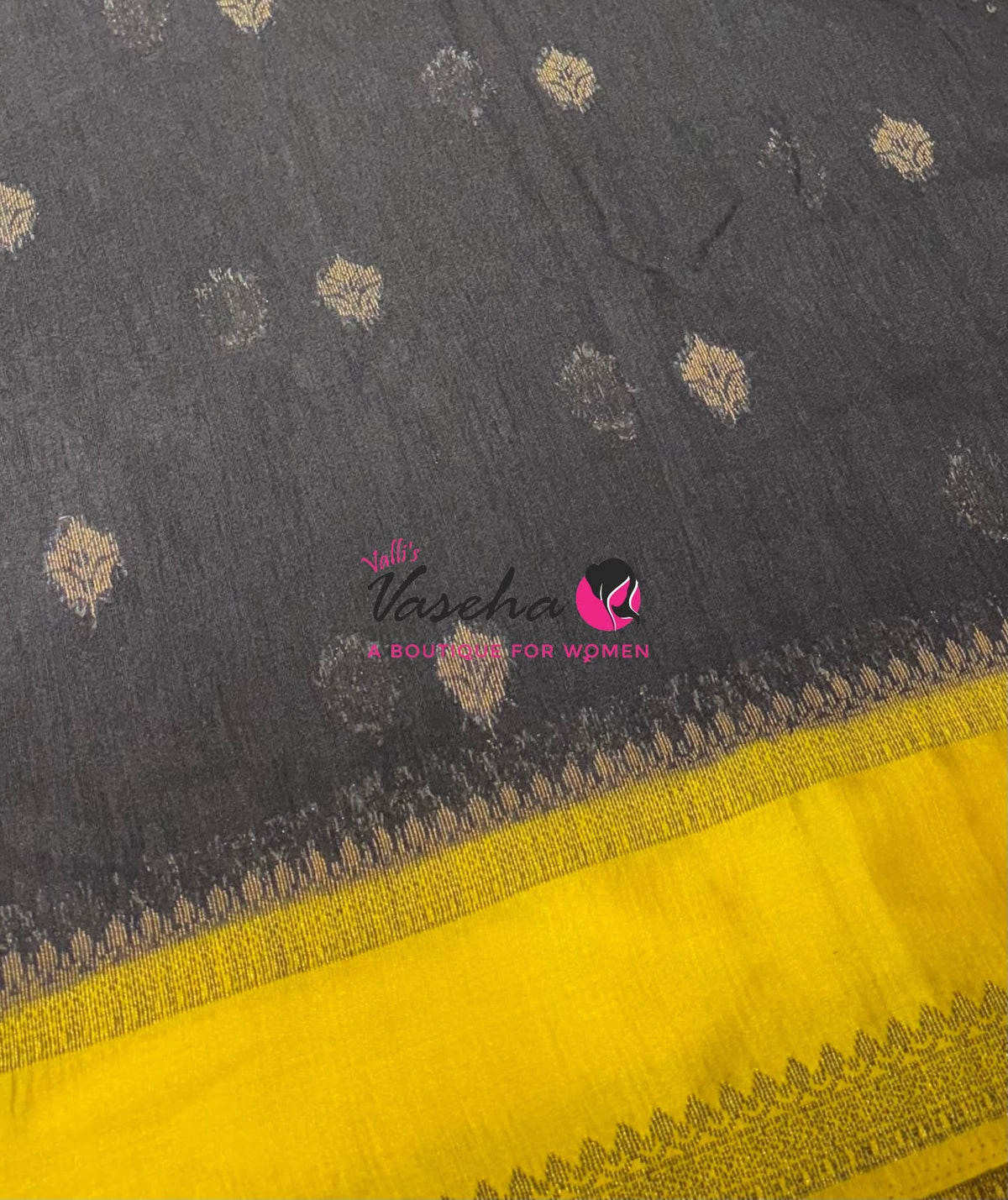 Linen Jute Silk Saree - Black  With Yellow Shade - VVLJS001