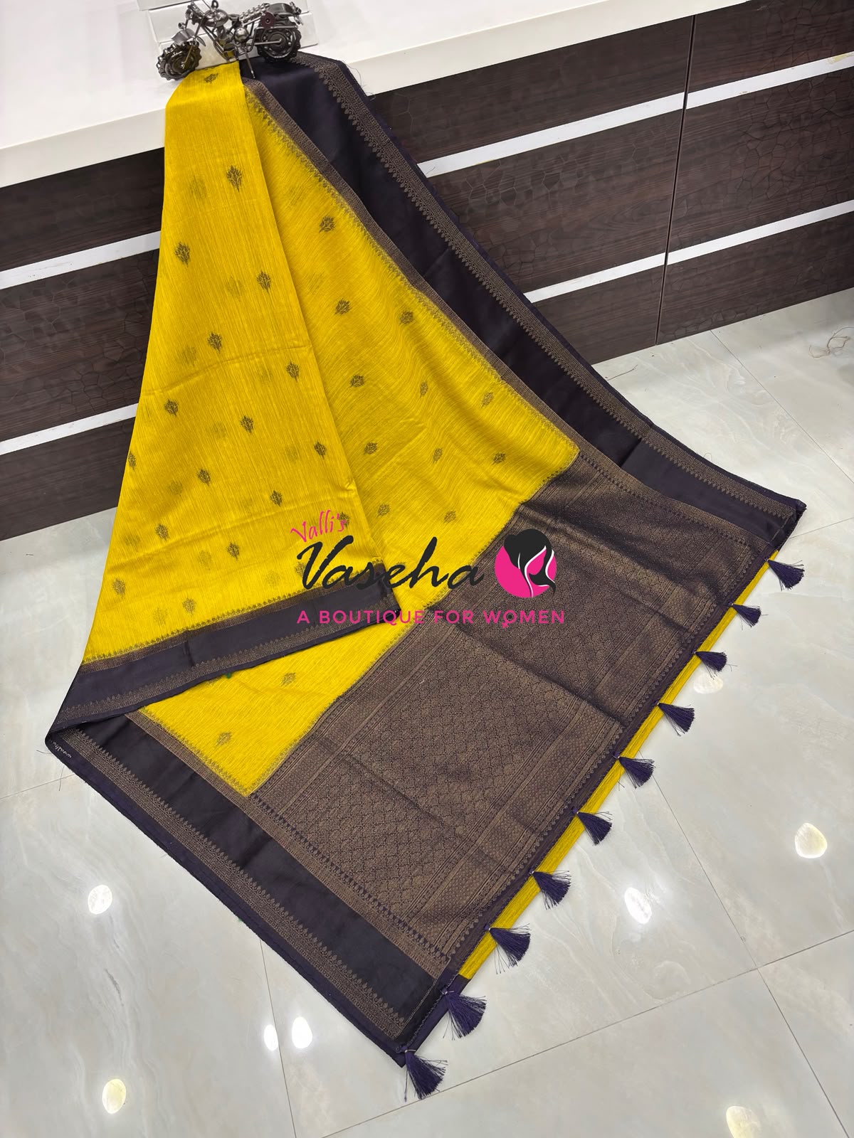 Linen Jute Silk Saree - Yellow With Black Shade - VVLJS001