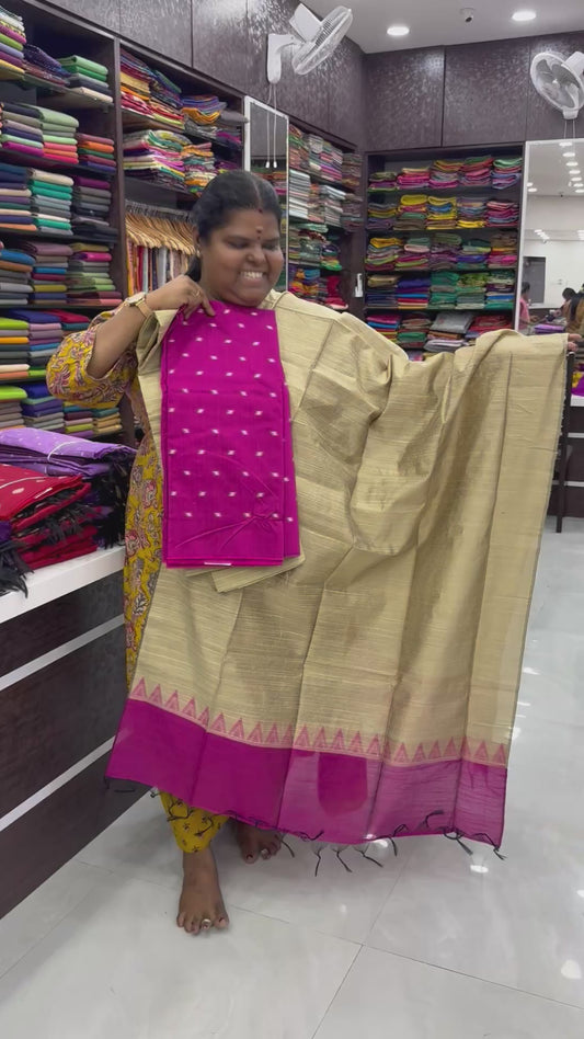 Unstitched Salwar Material -Raw Silk - Pink with Cream - VVUSM004