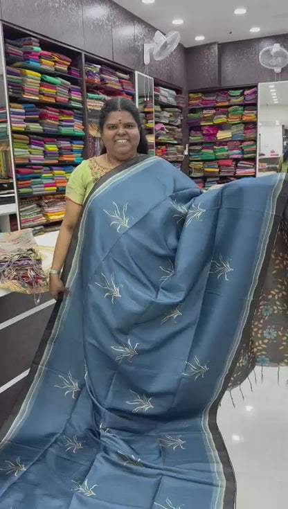 Semi Tussar Saree - Blue Tone Shade with Grey Combo -  VVSTS003