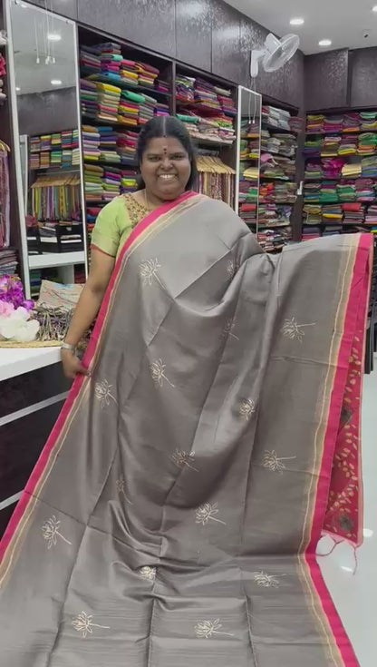 Semi Tussar Saree - Grey with Peachish Pink Combo -  VVSTS003