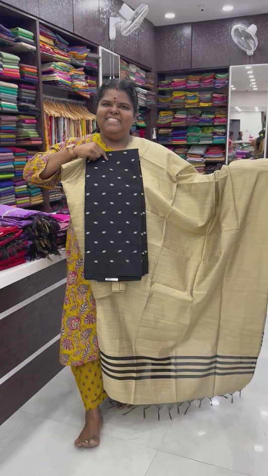 Unstitched Salwar Material -Raw Silk - Black with Cream - VVUSM004