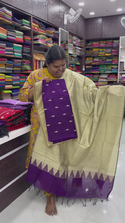 Unstitched Salwar Material -Raw Silk - Violetish Purple with Cream - VVUSM004