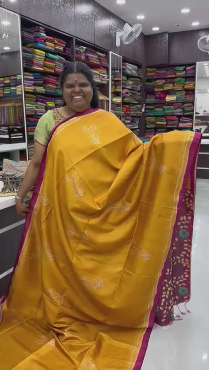 Semi Tussar Saree - Yellow with Purplish Pink Combo -  VVSTS003