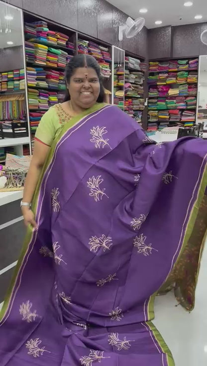 Semi Tussar Saree - Purple with Green Combo -  VVSTS003